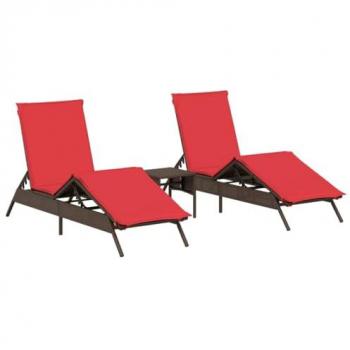 Tumbonas con mesita 2 unidades ratán sintético marrón, Tumbona de Exterior, Tumbona de jardín, Muebles de Exterior