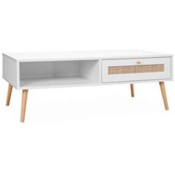 Mesa de centro de caña estilo escandinavo Bohemia blanca 110x59x39 cm con 1 cajón y 1 espacio de almacenamiento, patas escandinavas