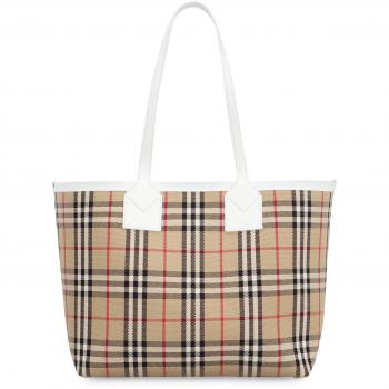 Burberry Women's Beige London Check Canvas & Leather Medium Tote Bag
