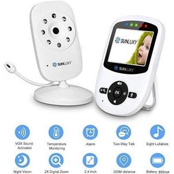 SUNLUXY® Vigilabebés 2,4 LCD 2CH Cámara CMOS Visión Nocturna Inalámbrico Monitor de temperatura Seguridad para Bebé