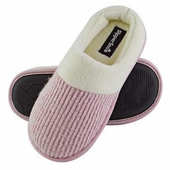 Ladies Memory Foam Pink Mule Slip On Slippers with Soft Cushioned Sole and Faux Fur Collar