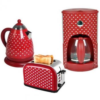 Team-Kalorik-Group Juego de desayuno JK 1008 + cm 1008 + to 1045 Hervidor de agua, Tostadora y cafetera eléctrica de lunares, color rojo y blanco retro de costura