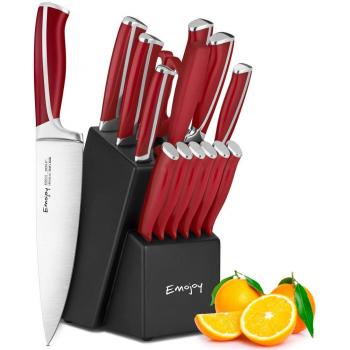 Juego de cuchillos, Juego de cuchillos de cocina de 15 piezas con bloque, Mango de ABS para juego de cuchillos para chef, Acero inoxidable alemán, Emojoy