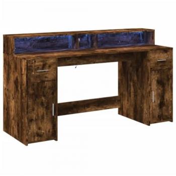 Escritorio con LED de madera ingeniería roble ahumado 160x55x91 cm