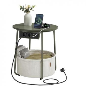 Mesa Auxiliar Redonda con Tomas de Corriente y Cesta de Tela, Espaciosa, para Salón, Dormitorio o Mesita de Noche, Estilo Moderno, Verde Bosque y Blanco Crema