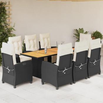 9-Piece Black Poly Rattan Garden Dining Set with Cushions