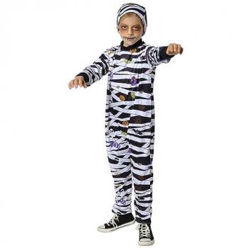 Disfraz Infantil de Momia Chuli Blanco y Negro con Jumpsuit Impreso y Gorro para Halloween, Carnaval y Fiestas