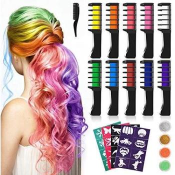 Tizas Para el Pelo, Kastiny 10 Colors no Tóxico Temporales de Cabello Tinte, con 32 plantillas de tatuajes &4 brillos Peines de Tiza de Colores para el Pelo, Fiesta, Navidad y Performance