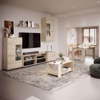 Pack Muebles de Salón Cheri con Mueble TV, 2 Módulos, Estantería, Mesa de Centro y Mesa de Comedor Roble Sonoma