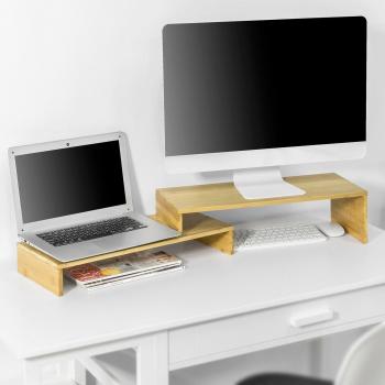 Soporte de Pantalla Ergonómico de Bambú para 2 Monitores, Ajustable de 52-104 cm, Organizador de Escritorio BBF07-N