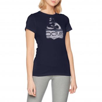Odlo BL Top Crew Neck S/S kumano Logo – Camiseta, Primavera/Verano, Mujer, Color Diving Navy/Placed Print, tamaño Small