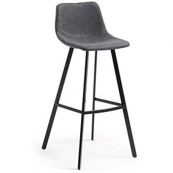 Kave Home - Taburete Alto de Bar Alve Gris 80 cm con Respaldo de Piel sintética y Patas de Acero en Negro