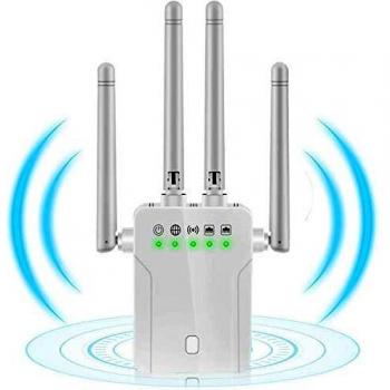 Amplificador Señal WiFi, Poderoso Repetidor WiFi de Doble Banda Usado como Extensor WLAN con Puerto LAN de 2 Gigabit, WPA2-PSK, Compatible con Todos Dispositivos WLAN