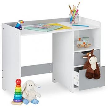 Escritorio Infantil Relaxdays con Cajonera y Borde Alto, Mesa para Dibujo y Pintura, 60 x 80 x 38 cm, Blanco y Gris