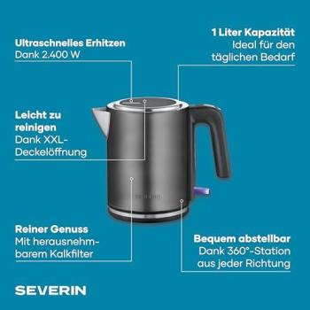 Hervidor de Agua Eléctrico Severin WK 9342, 1L, 2400W, Negro y Acero Inoxidable