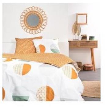 Juego de Cama Doble Reversible Sunshine en Algodón Estampado de Círculos - Blanco/Naranja - 240 x 260 cm