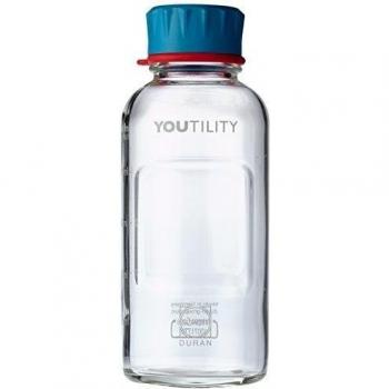 DURAN YOUTILITY 218814452 Frascos para Laboratorio con Rosca, Transparente con Graduación, GL45, con Tapa Roscada Y Anillo De Vertido De PP, 500 ml, Cian