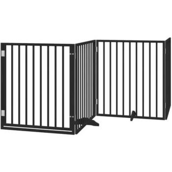 Foldable Black Dog Gate with Door - 4 Panels, 320 cm Poplar Wood