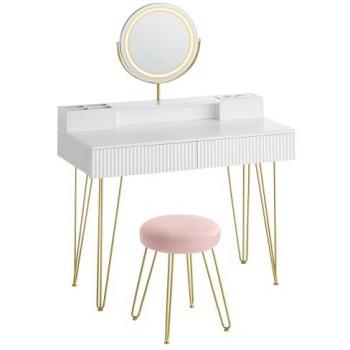 Tocador con Taburete Tapizado e Iluminación LED, Espejo Giratorio y Regleta de Enchufes, 40 x 100 x 134,8 cm, Blanco Mate y Dorado Pálido