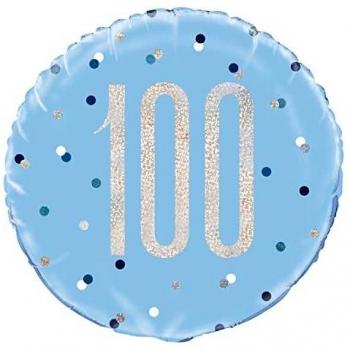 Unique Party - Globo de Cumpleaños 100 - 45 cm - Diseño de Azul y Plateado Glitz