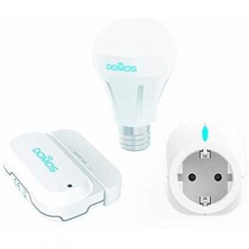 DOMOS KIT BÁSICO Incluye Sensor de Apertura Enchufe WIFI Bombilla Inteligente RGB App gratuita Domos Compatible con Amazon Alexa y Google Home Fácil instalación 100% WIFI Simulación de presencia