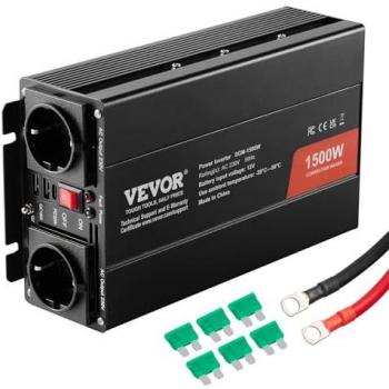 Inversor de Corriente de Onda Sinusoidal Modificada 1500W, DC 12V a AC 230V con 2 Salidas CA, 2 Puertos USB, 1 Puerto Tipo C y 6 Fus