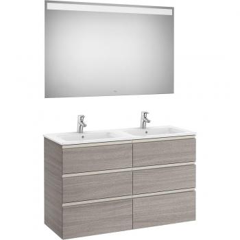 Conjunto de baño doble Roca The Gap con mueble suspendido de 6 cajones, 2 lavabos y espejo con luz LED en color Roble City texturizado