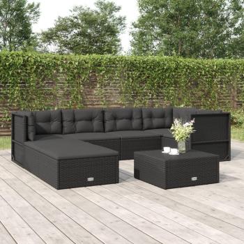 7 Piece Black Poly Rattan Garden Lounge Set with Cushions