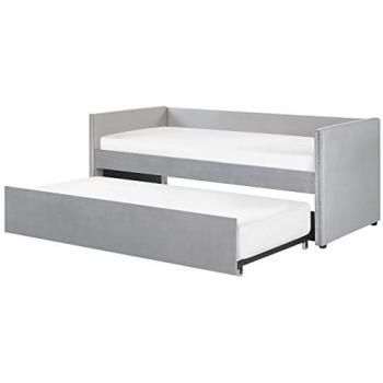 Cama con somier de terciopelo gris claro 90 x 200 cm nido listones tachuelas Troyes
