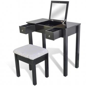 vidaXL Tocador negro con espejo basculante y taburete
