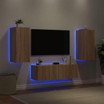 Mueble de TV de pared con luces LED 3 piezas en roble Sonoma, color marrón