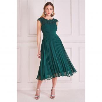 Goddiva Crochet & Pleated Top Midi Dress - Emerald