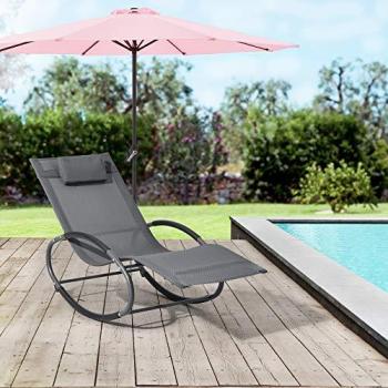 Tumbona Mecedora Almaluez 153 x 63 x 81 cm con Cojín para Cabeza Gris Oscuro, Asiento para Relajar y Tomar el Sol, Balancín para Jardín, Terraza y Bal