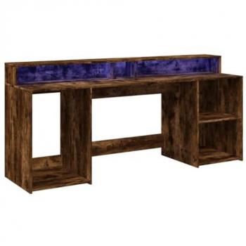 Escritorio con LED madera ingeniería roble ahumado 200x55x91 cm Marrón