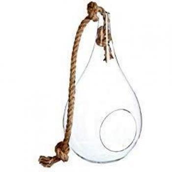 Vaso colgante de vidrio y yute - H 39 cm - transparente