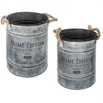 Juego de 2 Maceteros de Zinc con Asas de Cuerda de Yute para Decoración Vintage Atmosphera