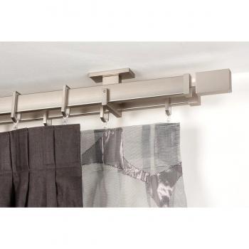 InCasa Barra Doble Rectangular para Cortina, 180 cm de Longitud, Perfil de 31x12 mm, en Acero satén – Completo