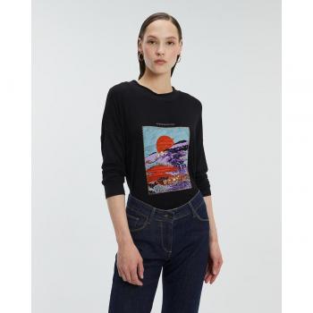 Camiseta de mujer de manga larga con dibujo frontal, cuello redondo