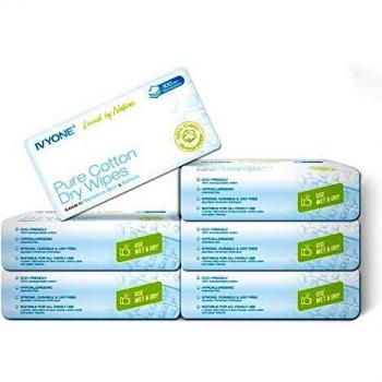 Ivyone - Toallitas Secas de Algodón, 600 Toallitas, Algodón Natural y Biodegradable para Pieles Sensibles, Toallitas para Bebés, Toallitas de Maquillaje y Paños Desechables