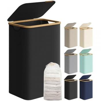 Cesto de Ropa Sucia con Tapa 90 L, Plegable, Forro de Malla Extraíble, Tejido Oxford, Asas de Bambú, 42 x 32 x 70.5 cm, Negro