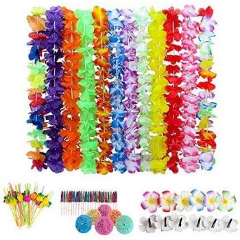 84 Piezas Suministros para Fiestas de Hawái con Flores de Látex/Paraguas Multicolores/Pajitas de Plástico,Guirnalda de Flores de Seda Diadema Hula Collares de Flores,Collar de Fiesta y Ropa de Playa