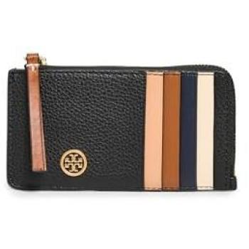 Tory Burch Women's Colorblock Pebbled Zip Card Case - Black/Gold, One Size