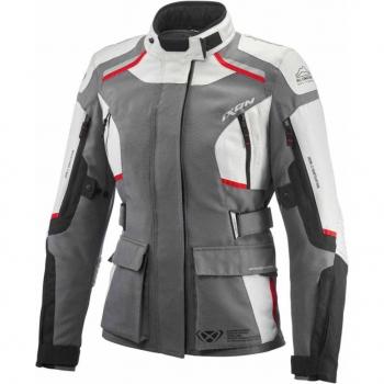 Ixon Chaqueta de Moto Mujer Midgard Gris-Negro-Rojo, chaqueta textil impermeable para mujer en colores negro, gris y rojo, talla S