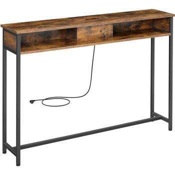 Mesa de consola delgada con multienchufe integrado, sofá con 2 compartimentos y carga oculta, ahorro de espacio, disponible en gris ahumado, blanco nube y marrón rústico, dimensiones 25x120x81