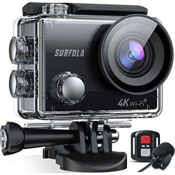 Surfola Cámara Deportiva 4K 30FPS, Videocámara WiFi de 20MP, Cámara Subacuática 40M con Micrófono, Mando a Distancia, EIS Antivibración, Batería 2x1050mAh, Varios Accesorios SF230