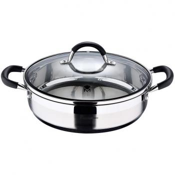 MasterPro Foodies BGMP-1503-BK - Cacerola Baja de Acero Inoxidable 3.8L, Diámetro 28cm x Altura 7.5cm, con Tapa
