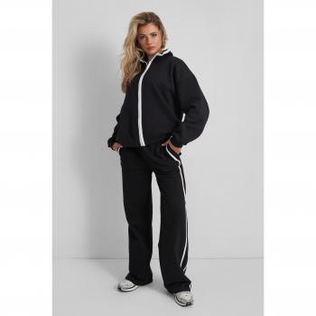 Kaiia Contrast Piping Zip Up Sweatshirt Black White