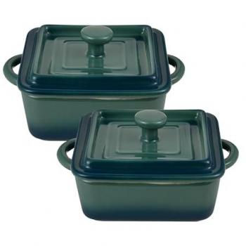 Cacerolas Mini de Gres Bergner Set de 4 Unidades Ø13 cm con Asas y Tapas Verde Crema, Apto para Horno y Lavavajillas