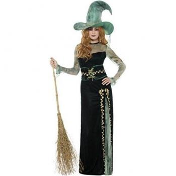Smiffys-45111L Disfraz Deluxe de Bruja Esmeralda, con Vestido, cinturón y Sombrero, Color Verde, L-EU Tamaño 44-46