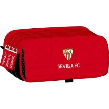 Estuche Escolar Sevilla FC Triple Compartimento con Cremalleras - Adaptador para Carro y Asa Lateral - Licencia Oficial Safta 21.5x10x8 cm